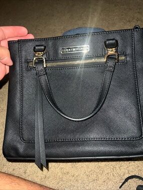 Tommy Hilfiger Black Leather Satchel with Gold Hardware